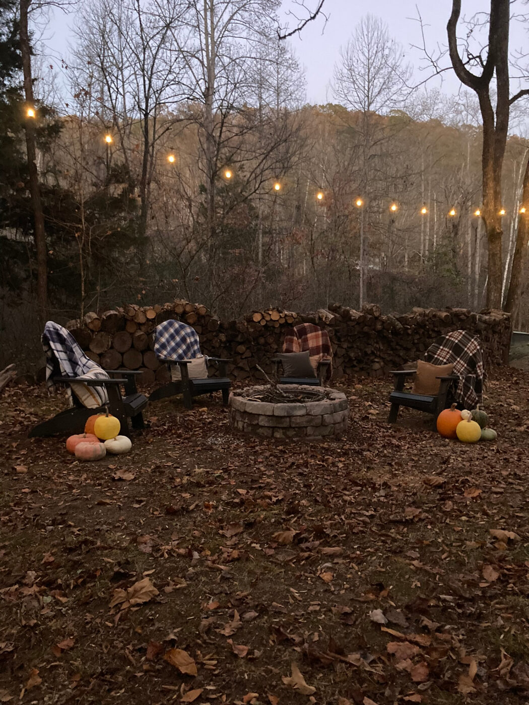 The firepit ring at dusk, string lights glowing between the trees